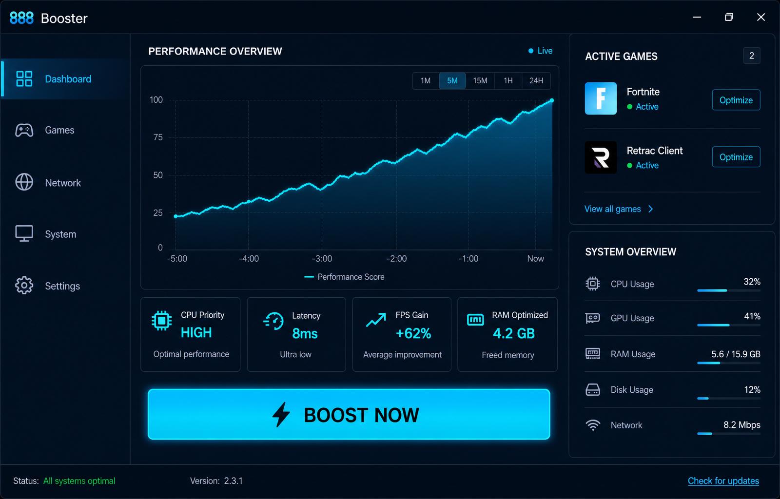 888 Booster desktop client showing live performance overview, active games, and system telemetry